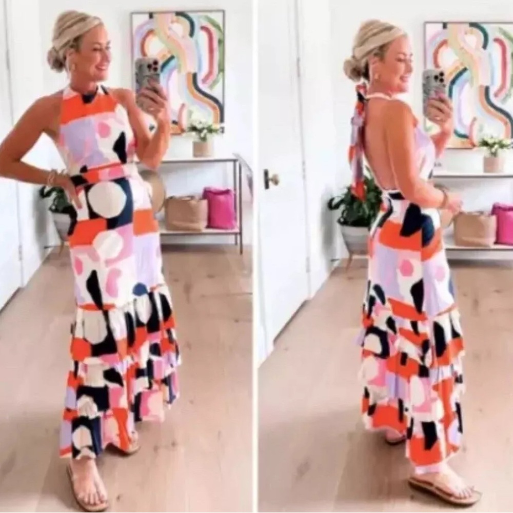 Venita Aspen Gianni Bini collab‎ Andrea Abstract Print Halter Maxi Dress 10 NWT